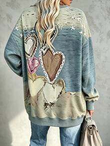 Linhara CURVE Plus Size Women's Vintage Heart Pattern Sweatshirt, Bohemian Style Top, Loose Fit For All Seasons, Suitable For Holiday Parties, Office Wear And Casual Looks - Multicolor - View 2