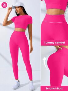 SHEIN Core Rhythm Seamless Stretchy Women Sports Cropped T-Shirt & Leggings Set Ribbed Workout Buttery Soft Legging Two Piece Curve Activewear Quick-Dry Quick Dry - Hot Pink - View 3