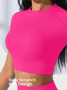 SHEIN Core Rhythm Seamless Stretchy Women Sports Cropped T-Shirt & Leggings Set Ribbed Workout Buttery Soft Legging Two Piece Curve Activewear Quick-Dry Quick Dry - Hot Pink - View 4