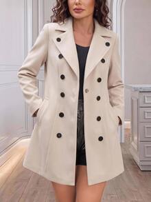 Medorina Elegant Overcoat,Double Breasted Button Up, Winter Coat Jacket, Soft Woolen Fabric, Cream White Oatmeal,Christmas New Year, Fall Winter Clothes - Apricot - View 8