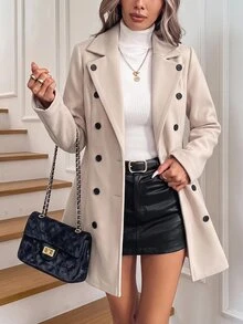 Medorina Elegant Overcoat,Double Breasted Button Up, Winter Coat Jacket, Soft Woolen Fabric, Cream White Oatmeal,Christmas New Year, Fall Winter Clothes - Apricot - View 1