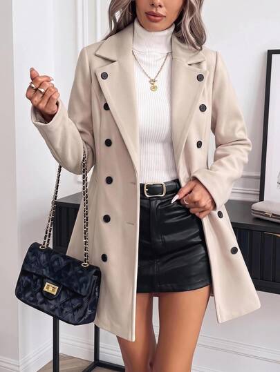 Medorina Elegant Overcoat,Double Breasted Button Up, Winter Coat Jacket, Soft Woolen Fabric, Cream White Oatmeal,Christmas New Year, Fall Winter Clothes