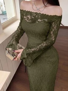 Feyla 女款蕾絲拼接露肩休閒優雅性感派對酒吧雞尾酒晚禮服 深綠色 秋季 - 軍綠色 - 查看 7