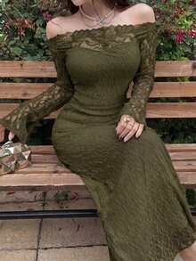 Feyla 女款蕾絲拼接露肩休閒優雅性感派對酒吧雞尾酒晚禮服 深綠色 秋季 - 軍綠色 - 查看 5