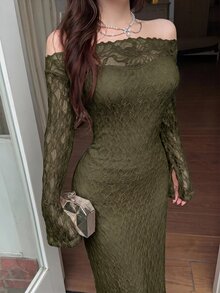 Feyla 女款蕾絲拼接露肩休閒優雅性感派對酒吧雞尾酒晚禮服 深綠色 秋季 - 軍綠色 - 查看 4