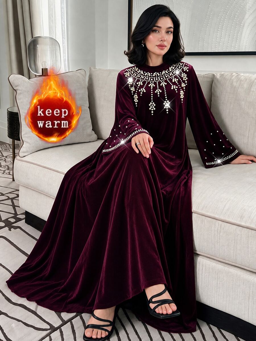 Al Najma Modest Elegant Women Dress Autumn Winter Burgundy Stand Collar Heavy Rhinestone Beaded Long Sleeve Loose Gown For Banquet Party Gathering