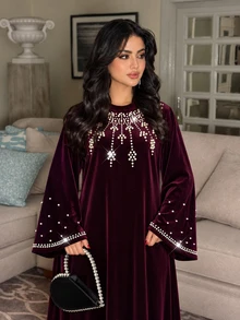 Al Najma Modest Elegant Women Dress Autumn Winter Burgundy Stand Collar Heavy Rhinestone Beaded Long Sleeve Loose Gown For Banquet Party Gathering - Burgundy - View 8
