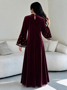 Al Najma Modest Elegant Women Dress Autumn Winter Burgundy Stand Collar Heavy Rhinestone Beaded Long Sleeve Loose Gown For Banquet Party Gathering - Burgundy - View 3