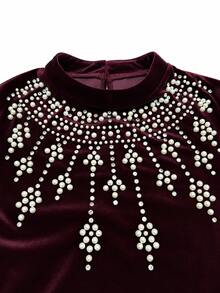 Al Najma Modest Elegant Women Dress Autumn Winter Burgundy Stand Collar Heavy Rhinestone Beaded Long Sleeve Loose Gown For Banquet Party Gathering - Burgundy - View 13