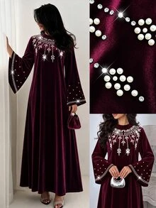 Al Najma Modest Elegant Women Dress Autumn Winter Burgundy Stand Collar Heavy Rhinestone Beaded Long Sleeve Loose Gown For Banquet Party Gathering - Burgundy - View 9