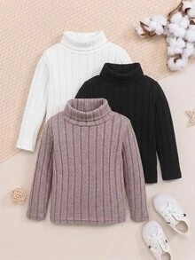 SHEIN طقم ملابس علوية أساسية للبنات الرضع، كاجوال ومريحة بخصر مطاطي وياقة عالية، للخريف، 3 قطع - متعدد الألوان - مشاهدة 3