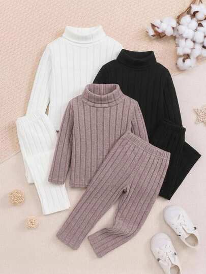 SHEIN Baby Girl Casual Elastic Comfortable High Neck Base Layer Autumn Top 3pcs Set
