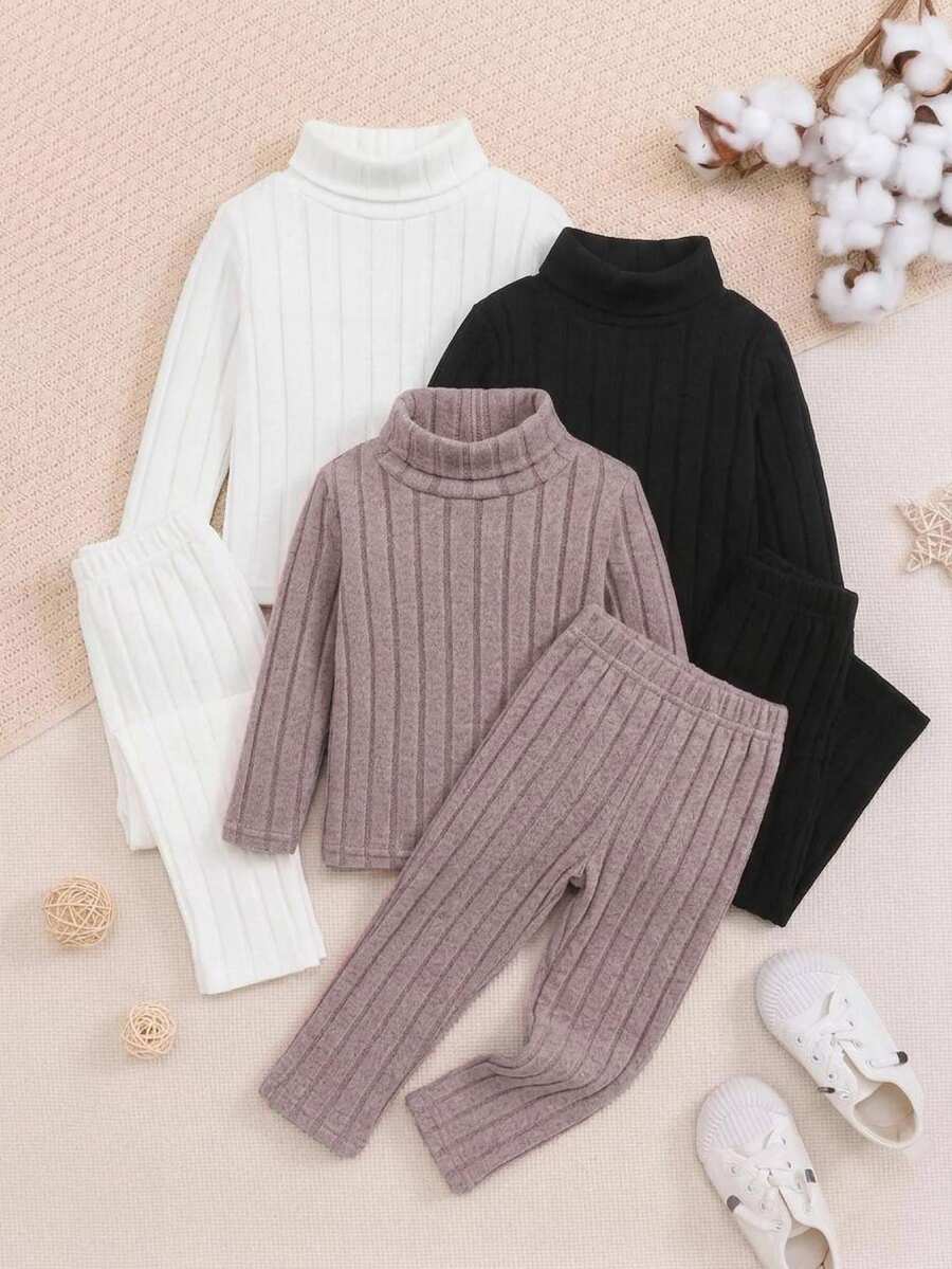 SHEIN طقم ملابس علوية أساسية للبنات الرضع، كاجوال ومريحة بخصر مطاطي وياقة عالية، للخريف، 3 قطع - متعدد الألوان - مشاهدة 1