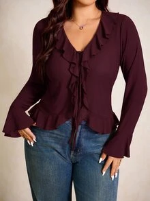 Elaquor Blusa de mujer de talla grande con cuello de volantes, manga acampanada y lazo delantero en unicolor, para primavera. Blusa con lazo delantero para mujer en primavera - Burdeos - Ver 7