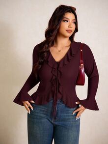 Elaquor Blusa de mujer de talla grande con cuello de volantes, manga acampanada y lazo delantero en unicolor, para primavera. Blusa con lazo delantero para mujer en primavera - Burdeos - Ver 1