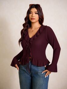 Elaquor Blusa de mujer de talla grande con cuello de volantes, manga acampanada y lazo delantero en unicolor, para primavera. Blusa con lazo delantero para mujer en primavera - Burdeos - Ver 4