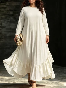 Linhara CURVE Plus Size Women Elegant Minimalist Casual Romantic Daily Date Party Banquet White Long Sleeve Asymmetrical Hem Ruffle Mid-Length Dress Fall - Apricot - View 12