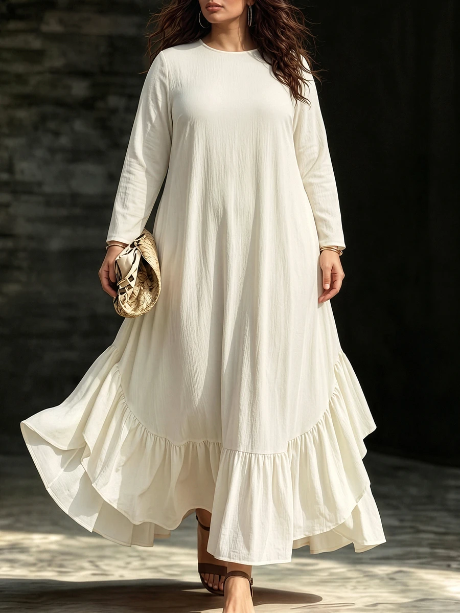 Linhara CURVE Plus Size Women Elegant Minimalist Casual Romantic Daily Date Party Banquet White Long Sleeve Asymmetrical Hem Ruffle Mid-Length Dress Fall - Apricot - View 1