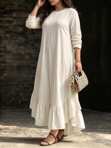 Linhara CURVE Plus Size Women Elegant Minimalist Casual Romantic Daily Date Party Banquet White Long Sleeve Asymmetrical Hem Ruffle Mid-Length Dress Fall - Apricot - View 10