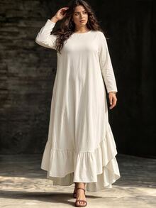 Linhara CURVE Plus Size Women Elegant Minimalist Casual Romantic Daily Date Party Banquet White Long Sleeve Asymmetrical Hem Ruffle Mid-Length Dress Fall - Apricot - View 9