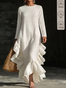 Linhara CURVE Plus Size Women Elegant Minimalist Casual Romantic Daily Date Party Banquet White Long Sleeve Asymmetrical Hem Ruffle Mid-Length Dress Fall - Apricot - View 1