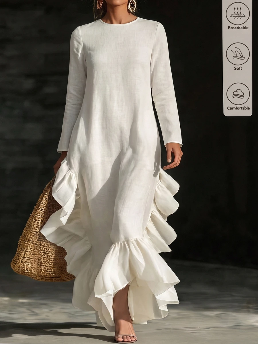Linhara CURVE Plus Size Women Elegant Minimalist Casual Romantic Daily Date Party Banquet White Long Sleeve Asymmetrical Hem Ruffle Mid-Length Dress Fall - Apricot - View 1