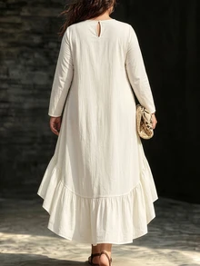Linhara CURVE Plus Size Women Elegant Minimalist Casual Romantic Daily Date Party Banquet White Long Sleeve Asymmetrical Hem Ruffle Mid-Length Dress Fall - Apricot - View 2