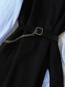 Elenzga 大码女式休闲畅销时尚百搭经典蓝白条纹长款衬衫裙，搭配无袖长开衩下摆背心，配链条腰带束腰，适合通勤、返校及其他休闲外出场合。 - 彩色 - 查看 6