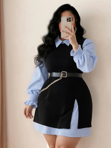 Elenzga 大码女式休闲畅销时尚百搭经典蓝白条纹长款衬衫裙，搭配无袖长开衩下摆背心，配链条腰带束腰，适合通勤、返校及其他休闲外出场合。 - 彩色 - 查看 1