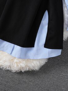 Elenzga 大码女式休闲畅销时尚百搭经典蓝白条纹长款衬衫裙，搭配无袖长开衩下摆背心，配链条腰带束腰，适合通勤、返校及其他休闲外出场合。 - 彩色 - 查看 7