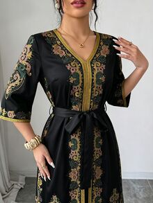 Elenzga 女款波希米亞優雅中東印花套裝 V領收腰長袍 蝙蝠袖 黑金對比滾邊長褲 夏季晚宴穿搭 - 黑色 - 查看 7