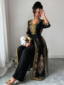 Elenzga 女款波希米亞優雅中東印花套裝 V領收腰長袍 蝙蝠袖 黑金對比滾邊長褲 夏季晚宴穿搭 - 黑色 - 查看 6