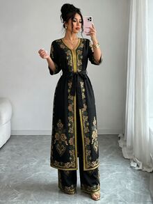 Elenzga 女款波希米亞優雅中東印花套裝 V領收腰長袍 蝙蝠袖 黑金對比滾邊長褲 夏季晚宴穿搭 - 黑色 - 查看 4