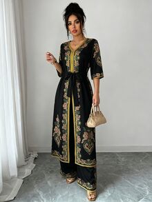 Elenzga 女款波希米亞優雅中東印花套裝 V領收腰長袍 蝙蝠袖 黑金對比滾邊長褲 夏季晚宴穿搭 - 黑色 - 查看 3