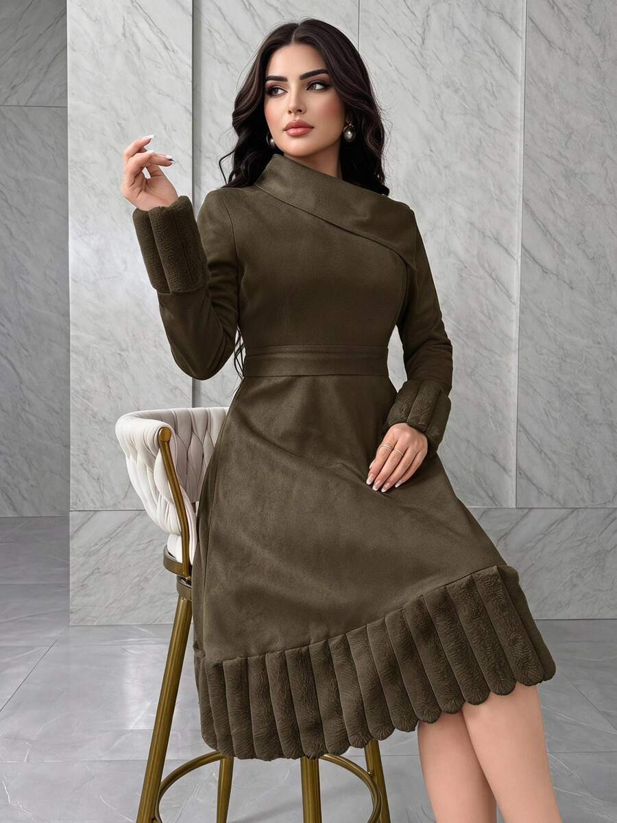 Modelyn Ribbed Plush Patchwork Suede Collar Belted Women's Mid-Length Dress, Suitable For Autumn And Winter,Dresses For Women Elegant - Coffee Brown - View 1