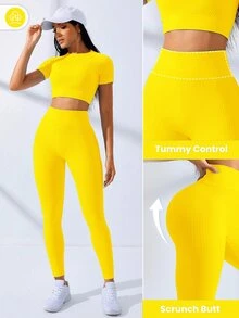 Core Rhythm Core Rhythm Women Seamless Yellow Sports Set,High Stretch Ribbed Cropped Top And Leggings Workout Set,Summer Athleisure Gym Activewear Yoga Set,Quick-Dry Outfit - Yellow - View 3