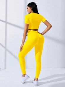 Core Rhythm Core Rhythm Women Seamless Yellow Sports Set,High Stretch Ribbed Cropped Top And Leggings Workout Set,Summer Athleisure Gym Activewear Yoga Set,Quick-Dry Outfit - Yellow - View 5