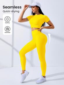 Core Rhythm Core Rhythm Women Seamless Yellow Sports Set,High Stretch Ribbed Cropped Top And Leggings Workout Set,Summer Athleisure Gym Activewear Yoga Set,Quick-Dry Outfit - Yellow - View 6