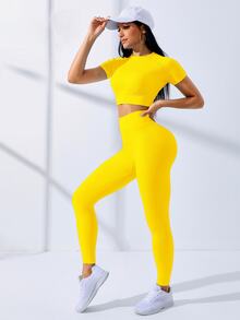 Core Rhythm Core Rhythm Women Seamless Yellow Sports Set,High Stretch Ribbed Cropped Top And Leggings Workout Set,Summer Athleisure Gym Activewear Yoga Set,Quick-Dry Outfit - Yellow - View 7