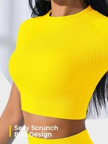 Core Rhythm Core Rhythm Women Seamless Yellow Sports Set,High Stretch Ribbed Cropped Top And Leggings Workout Set,Summer Athleisure Gym Activewear Yoga Set,Quick-Dry Outfit - Yellow - View 4