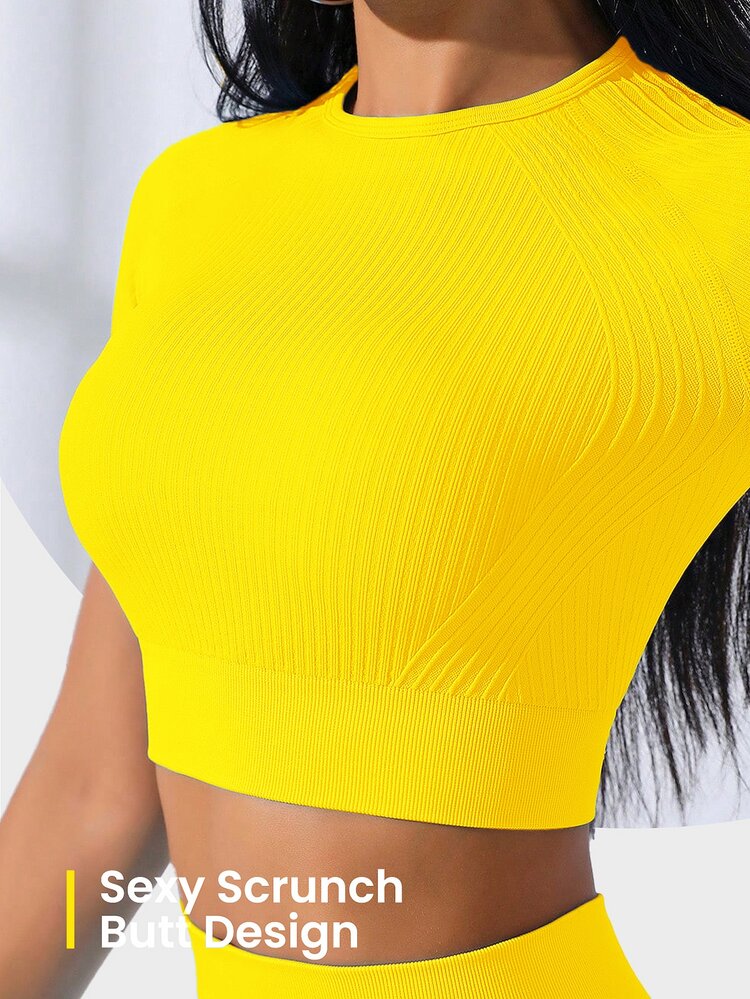 SHEIN Core Rhythm Women Seamless Yellow Sports Set,High Stretch Ribbed Cropped Top And Leggings Workout Set,Summer Athleisure Gym Activewear Yoga Set,Quick-Dry Outfit - Yellow - View 3