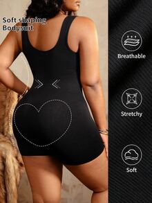 Bare Chapter 1pc Seamless Ribbed Tank Style Bodysuit Shapewear Plus Size U-Neck Tummy Control Waist Cincher Butt Lift Thigh Slimming Body Shaper Lingerie - Black - View 3