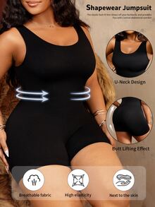 Bare Chapter 1pc Seamless Ribbed Tank Style Bodysuit Shapewear Plus Size U-Neck Tummy Control Waist Cincher Butt Lift Thigh Slimming Body Shaper Lingerie - Black - View 8