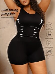 Bare Chapter 1pc Seamless Ribbed Tank Style Bodysuit Shapewear Plus Size U-Neck Tummy Control Waist Cincher Butt Lift Thigh Slimming Body Shaper Lingerie - Black - View 2