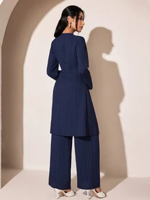 Veilorie Women's Elegant Solid Color Round Neck Long Sleeve Top And Pants 2 Pieces Set - Blue - View 3