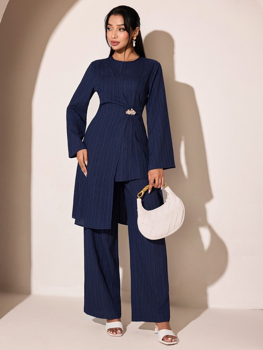 Veilorie Women's Elegant Solid Color Round Neck Long Sleeve Top And Pants 2 Pieces Set