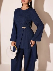 Veilorie Women's Elegant Solid Color Round Neck Long Sleeve Top And Pants 2 Pieces Set - Blue - View 5