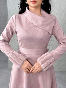 Feyla 女款羅紋毛絨拼接麂皮領束腰中長洋裝，秋冬晚餐早午餐正式場合，淡粉色優雅端莊 - 藕粉色 - 查看 3