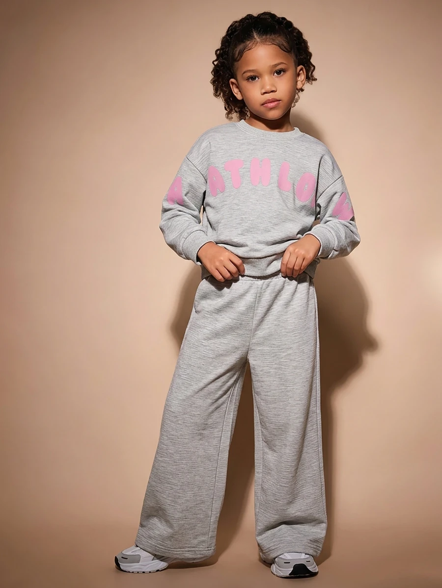 SHEIN 女童 4-7 歲棕色蝴蝶結運動衫套裝,2026 秋季 INS 風格休閒運動風 2 件式運動衫與運動長褲,幼兒生日穿搭套裝 - 淺灰色 - 查看 1
