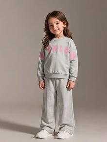 SHEIN 女童 4-7 歲棕色蝴蝶結運動衫套裝，2026 秋季 INS 風格休閒運動風 2 件式運動衫與運動長褲，幼兒生日穿搭套裝 - 淺灰色 - 查看 5